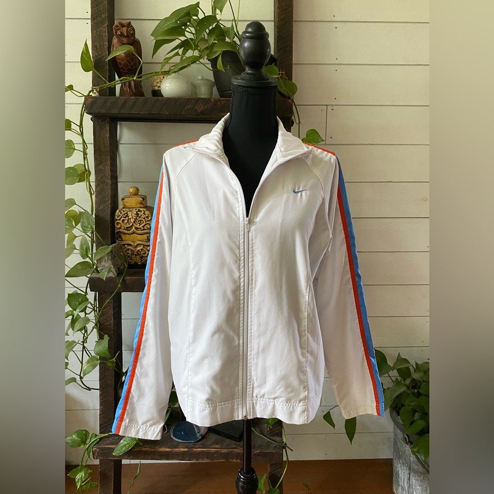 Nike: White Lightweight Bomber Jacket with Retro Blue and Orange Stripe Design - Picture 3 of 17